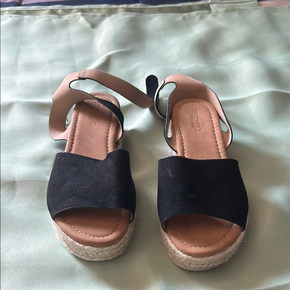 Black and Tan Platform Espadrilles with Ankle Strap